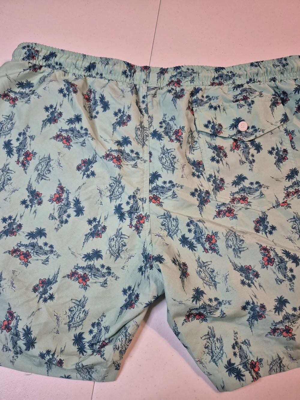Men's Mint Green Tropical Print Swim Trunks with Elastic Waist 4829